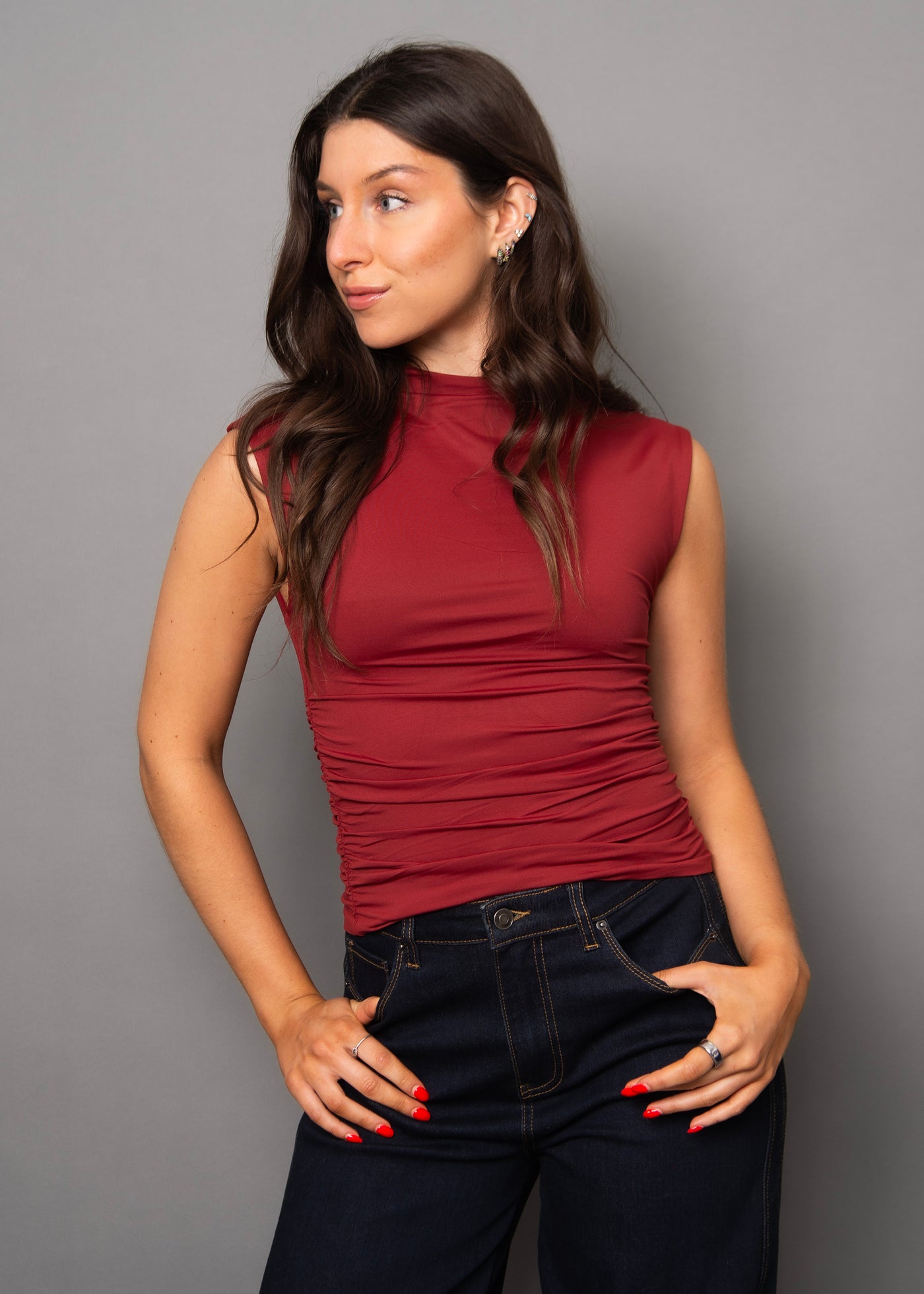 Second Skin Yve Extended Sleeve Funnel Neck Top - Chili | Women’s