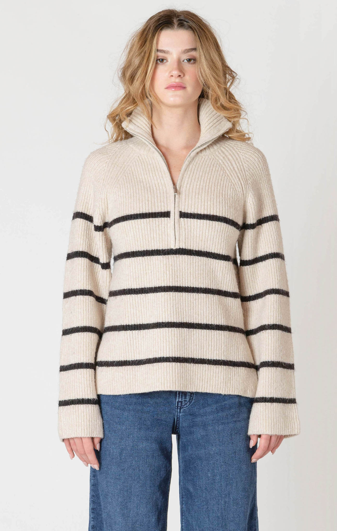 ROOM34 Half-Zip Longline Sweater - Oat/Black Stripe | Women’s