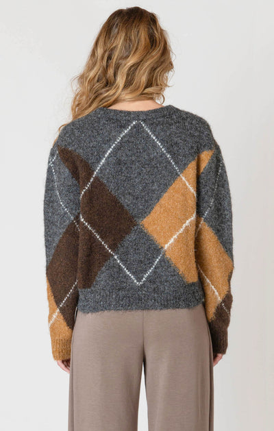 ROOM34 V-Neck Patterned Sweater - Neutral Argyle | Women’s