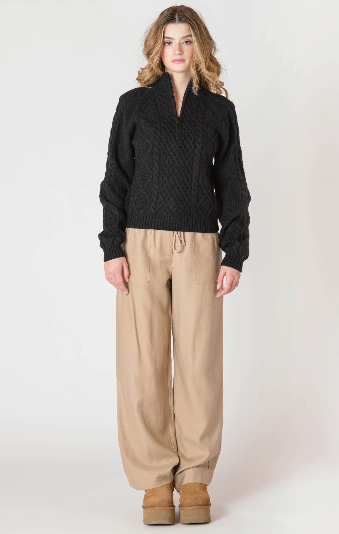 ROOM34 Half Zip Cable Sweater - Black | Women’s