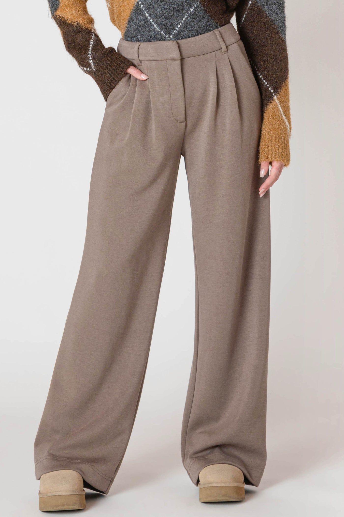 ROOM34 Wide Leg Knit Trouser - Dark Taupe | Women’s
