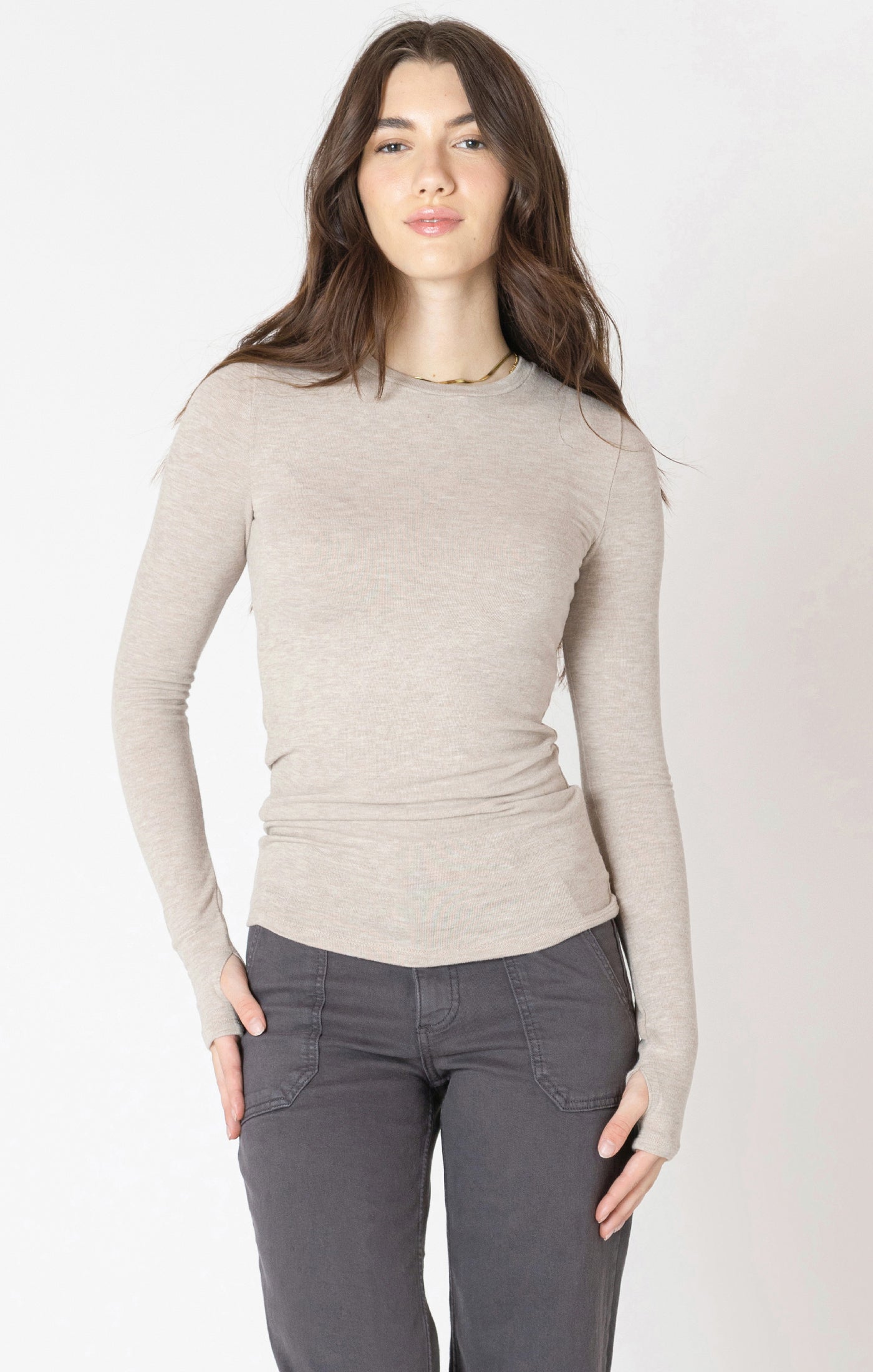 Dex Brushed Crewneck Long Sleeve Tee - Light Heather Taupe | Women’s
