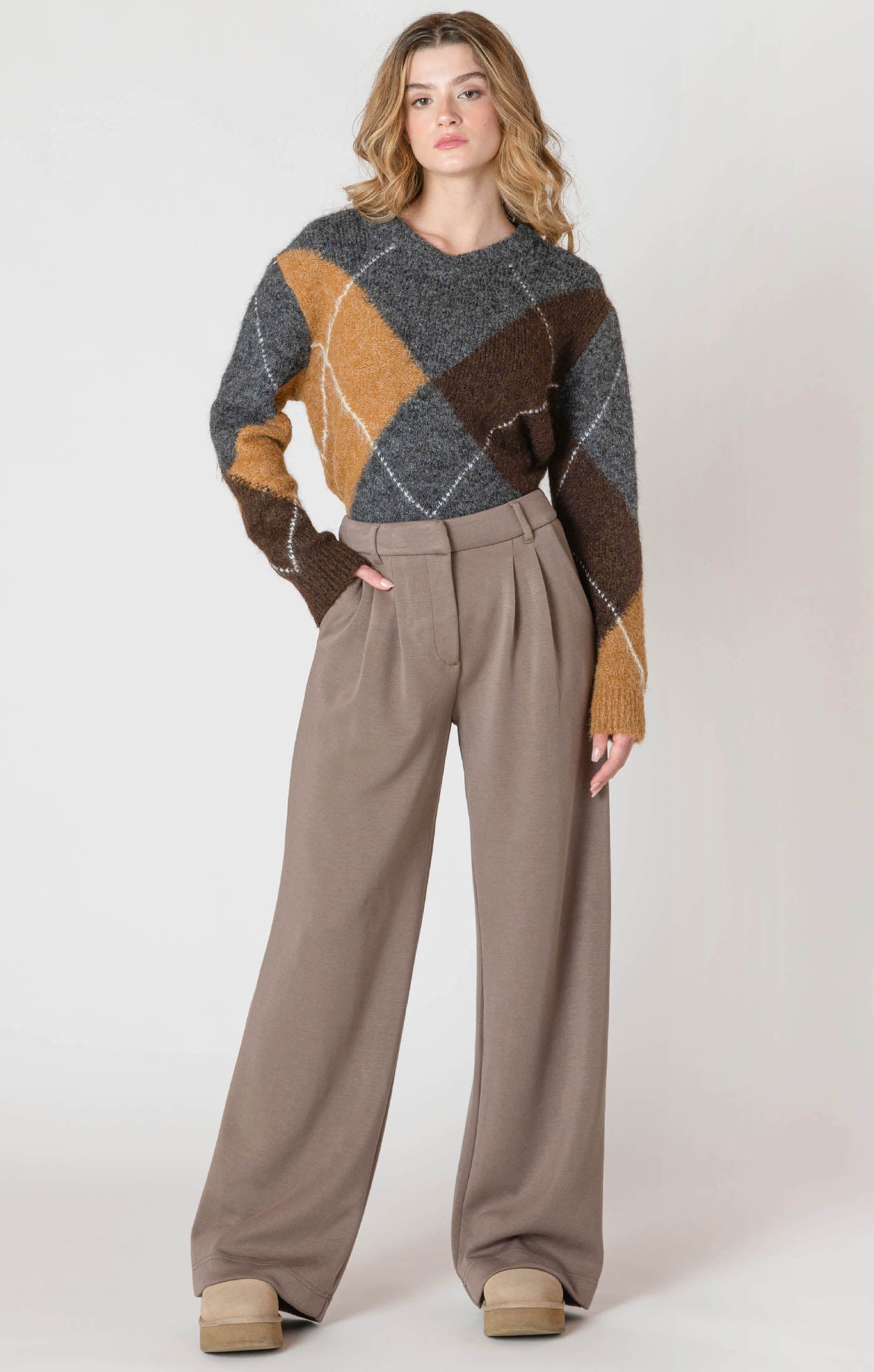 ROOM34 Wide Leg Knit Trouser - Dark Taupe | Women’s