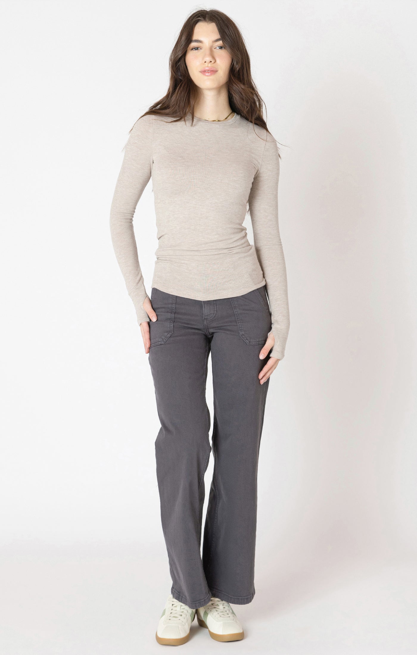 Dex Brushed Crewneck Long Sleeve Tee - Light Heather Taupe | Women’s