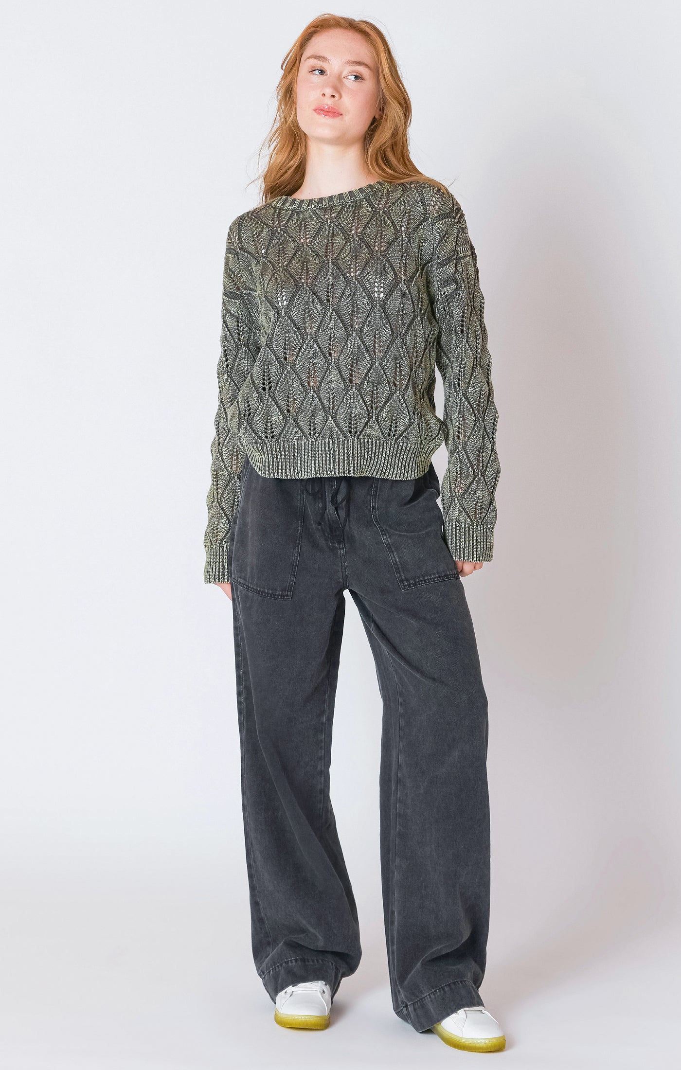 Dex Pointelle Crew Neck Sweater - Washed Khaki | Women’s