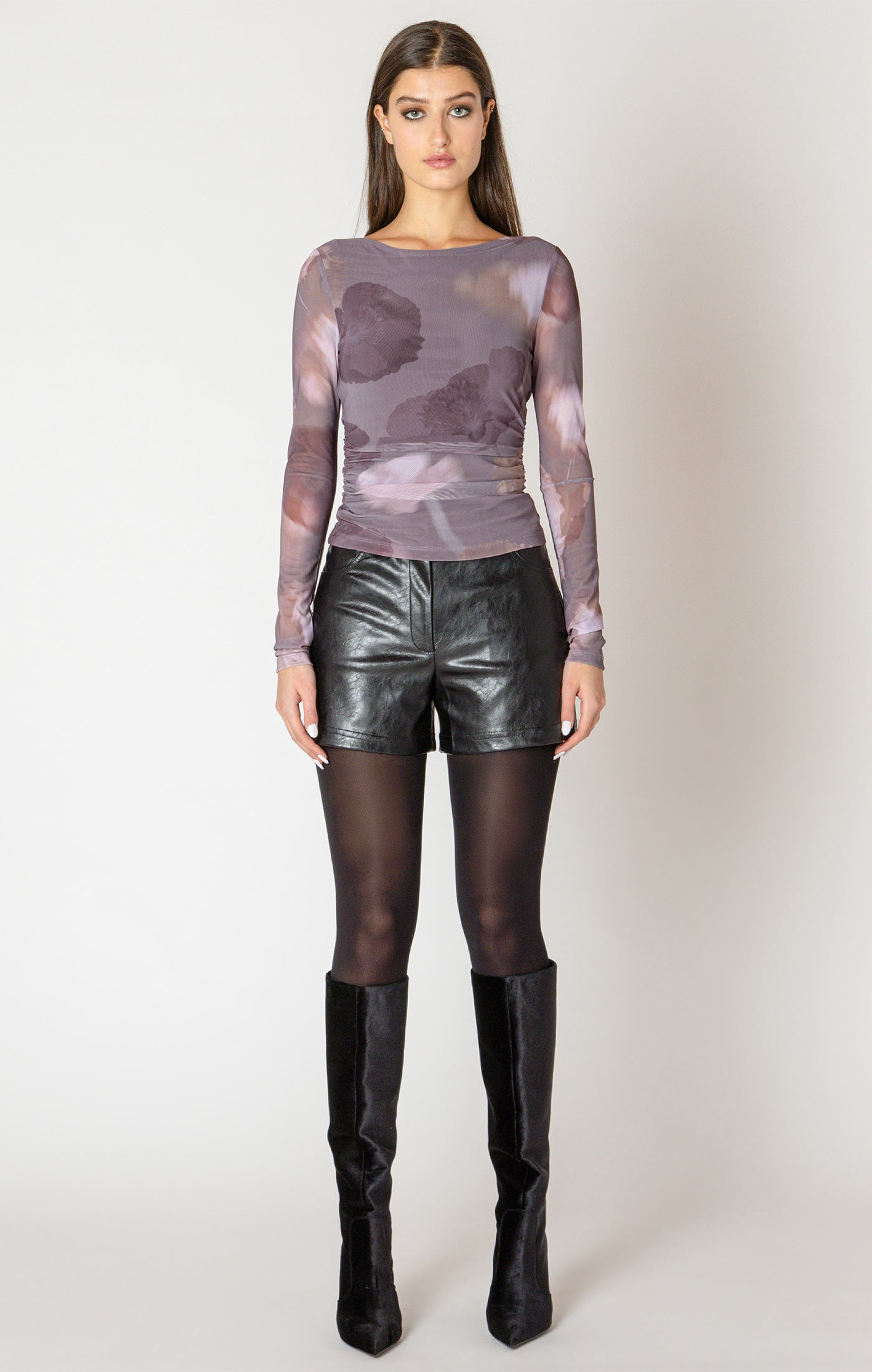 Black Taupe Printed Mesh Top - Mauve Floral | Women’s