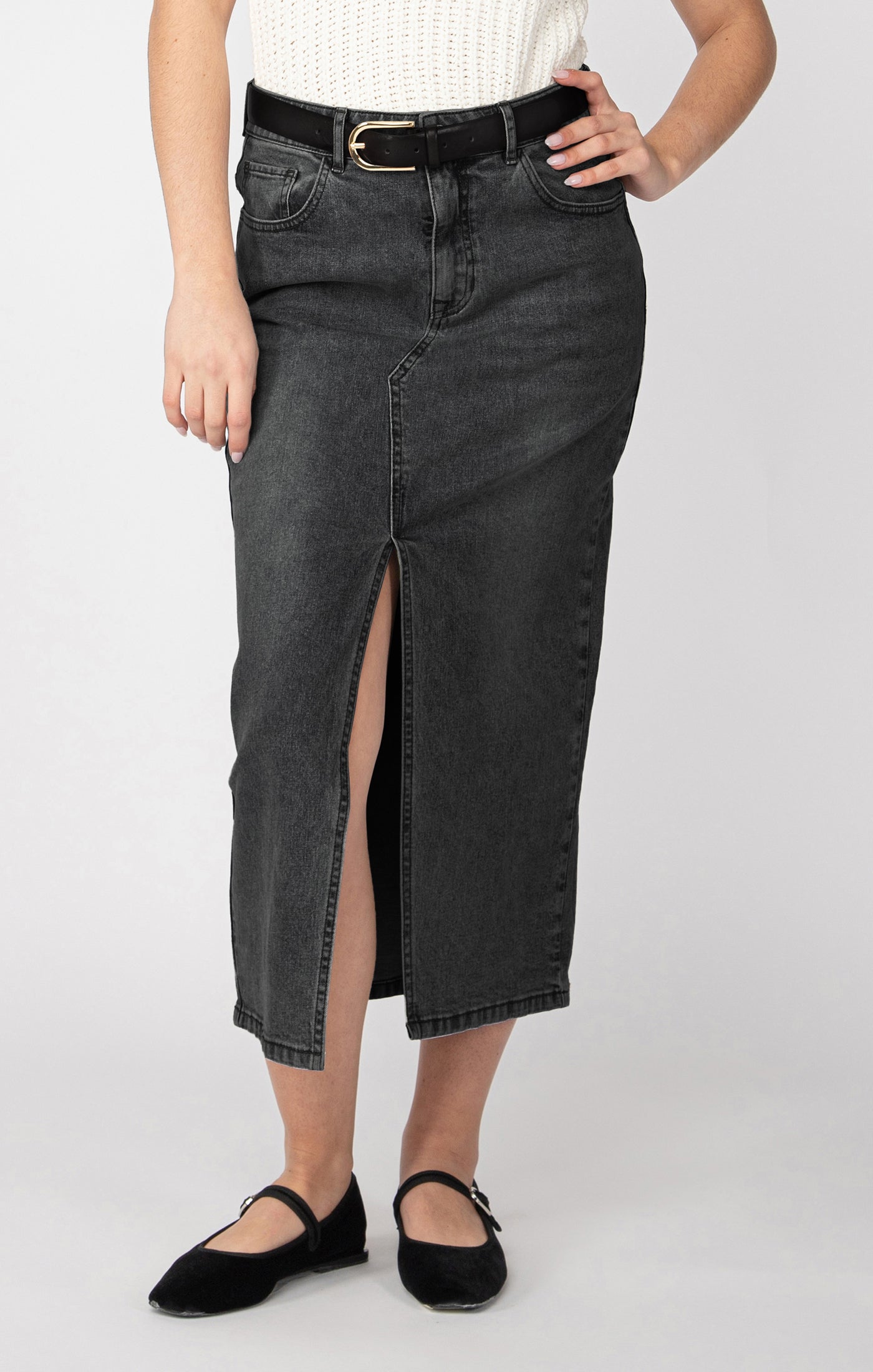 Dex Black Wash Denim Maxi Skirt