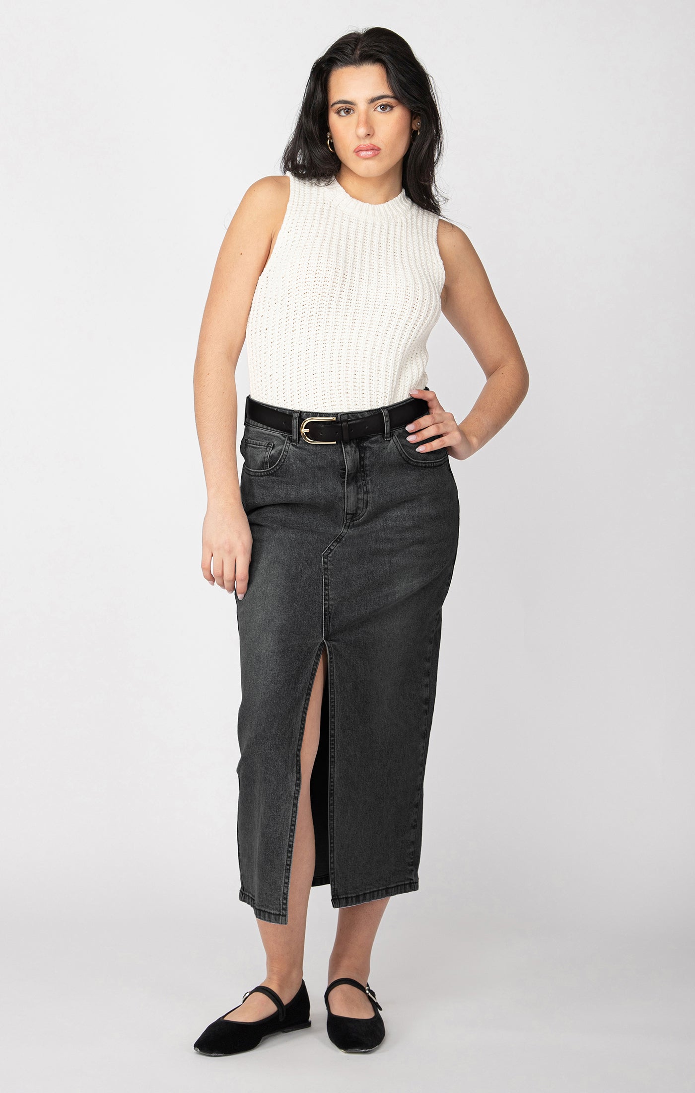 Dex Black Wash Denim Maxi Skirt